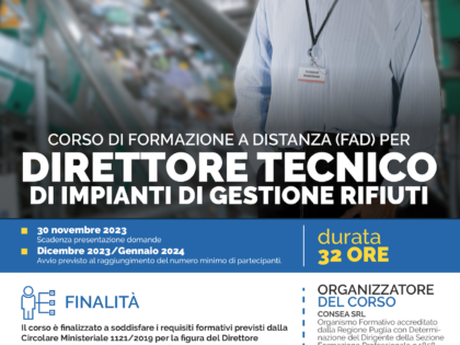 Corso di formazione in modalità mista (fad + aula) per direttore tecnico di impianti di gestione rifiuti